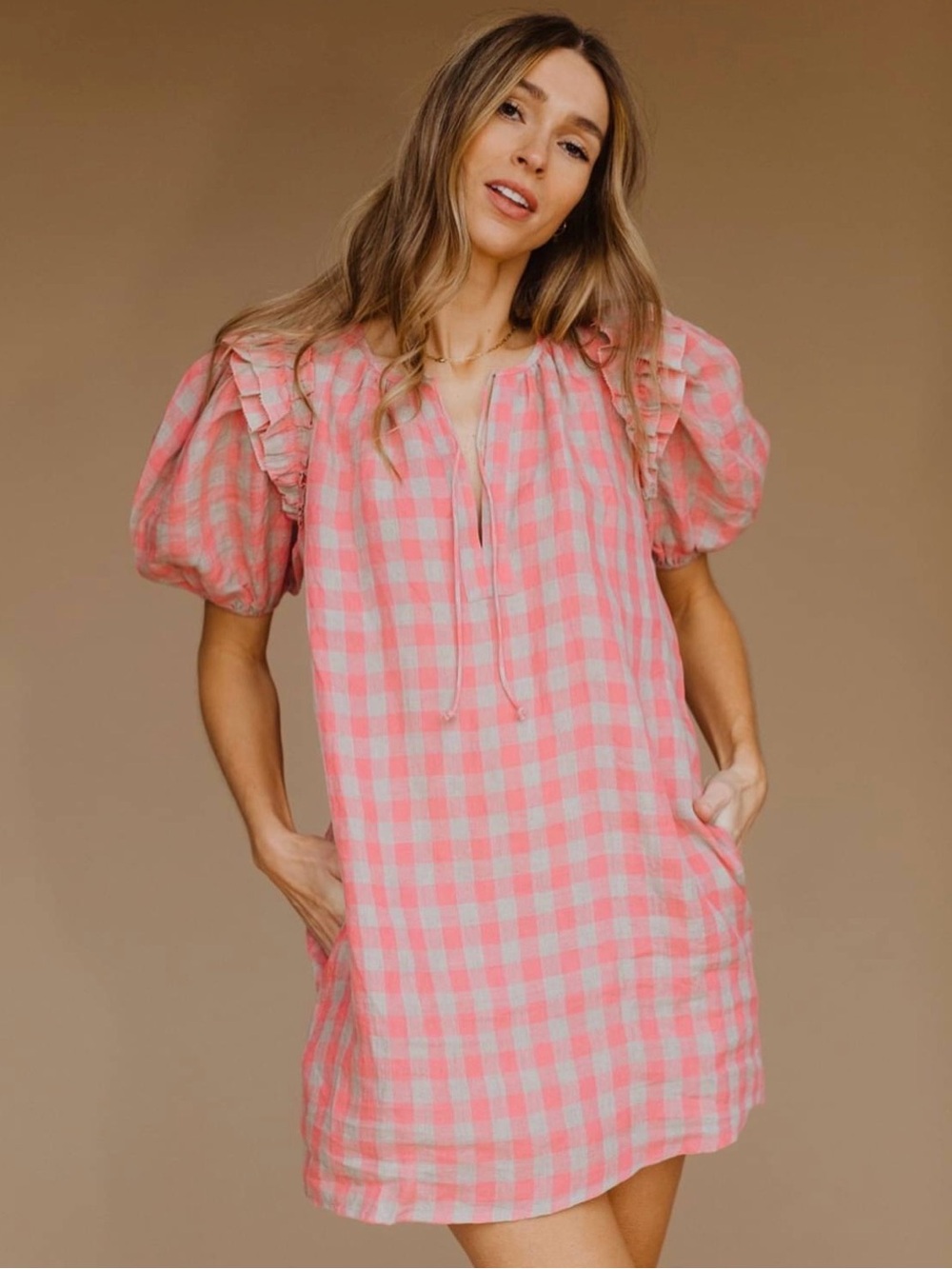 0332 - Olivaceous Pink and White Gingham Linen Dress
